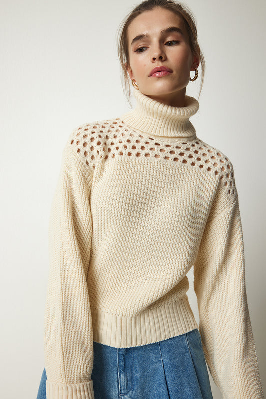 Happiness İstanbul Women's Cream Turtleneck Scrolled Knit Sweater Women