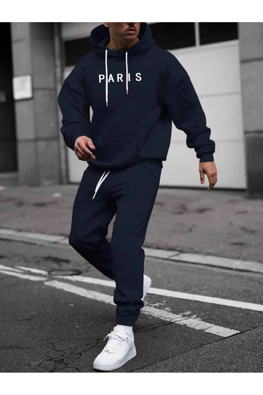 MOONBULL Men's PARIS Printed Hooded Tracksuit Set Navy Blue Men