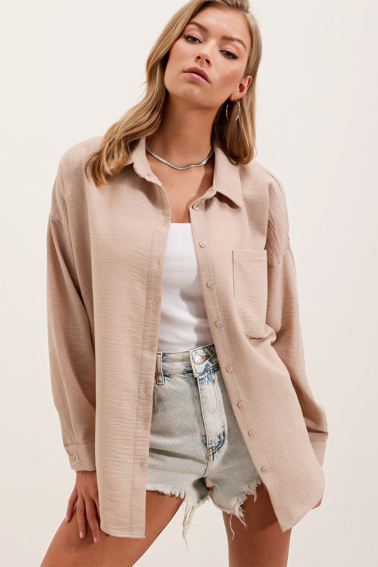 Bigdart Single Pocket Oversize Linen Shirt - Beige Women