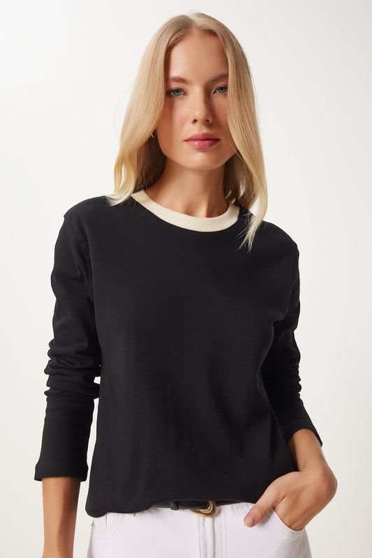 Happiness İstanbul Black Contrast Color Cotton Basic Blouse Women