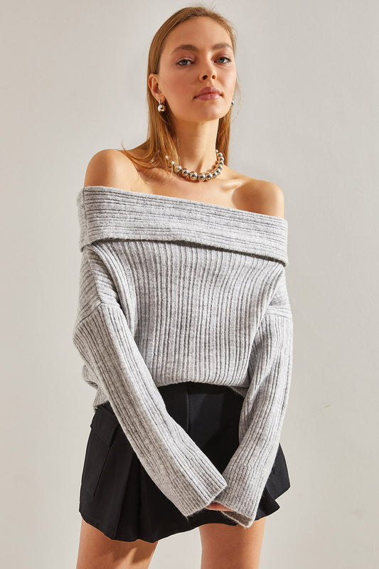 Bianco Lucci Women's Ruffle Collar Sweater Gray Women