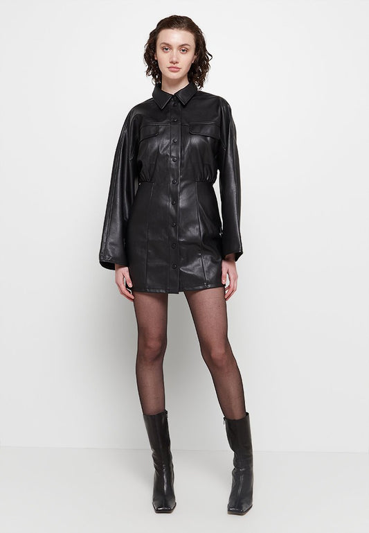 PU Covered Button Dress-Black Women