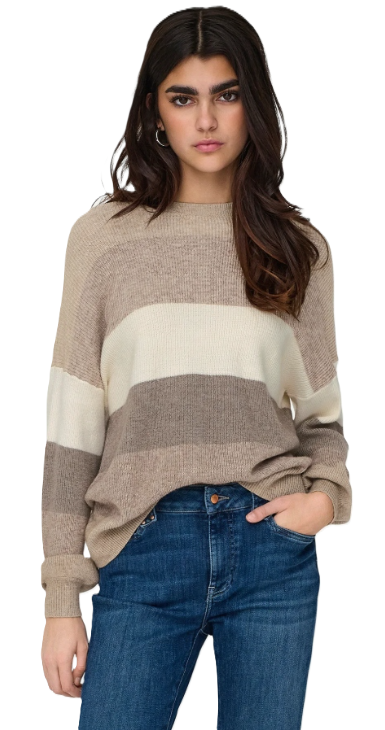 ONLY Sweater Women's ONLATIA LIFE L/S STRIPE PULLOV KNT NOOS FEATHER GRAY/W BEIGE/W (10229) Women